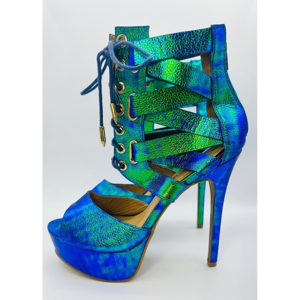Shoe Republic LA Iridescent Blue Green Metallic Platform Lace Up Heels Size 10